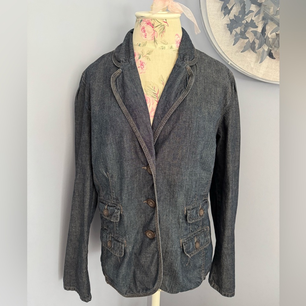 French Cuff Dark Denim Fitted Blazer Jacket